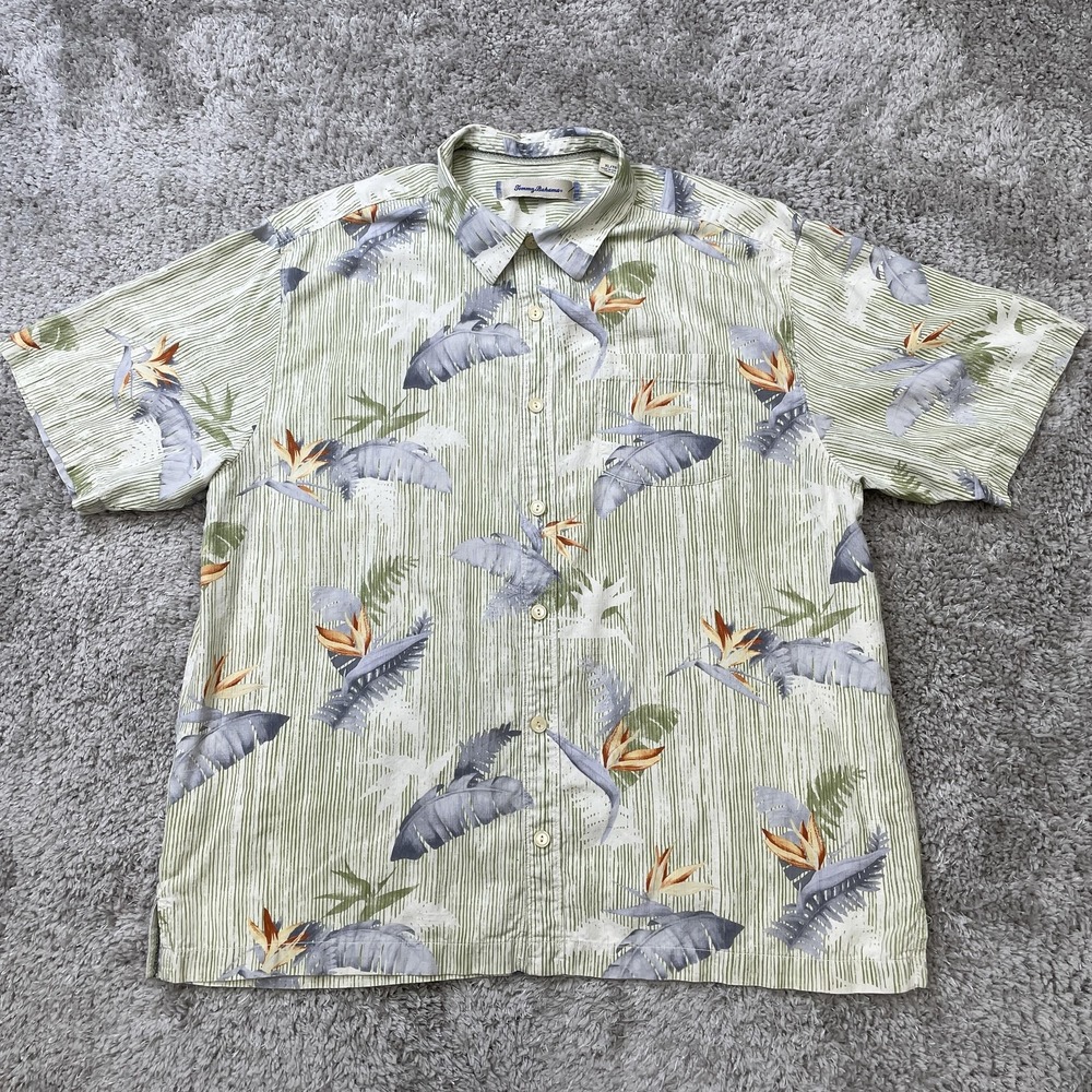 Tommy Bahama Shirt Mens XL Green Silk Floral Hawaiian Button Up Tropical Camp